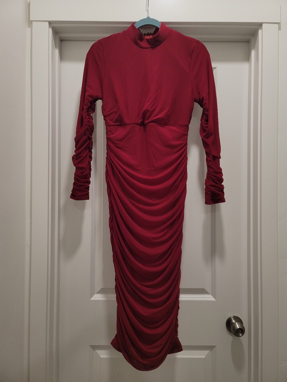 Women's Ruched Mock Neck Long Sleeve Midi Dress